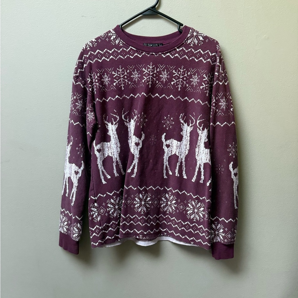 Fifth Sun Maroon Reindeer Crewneck Sweater